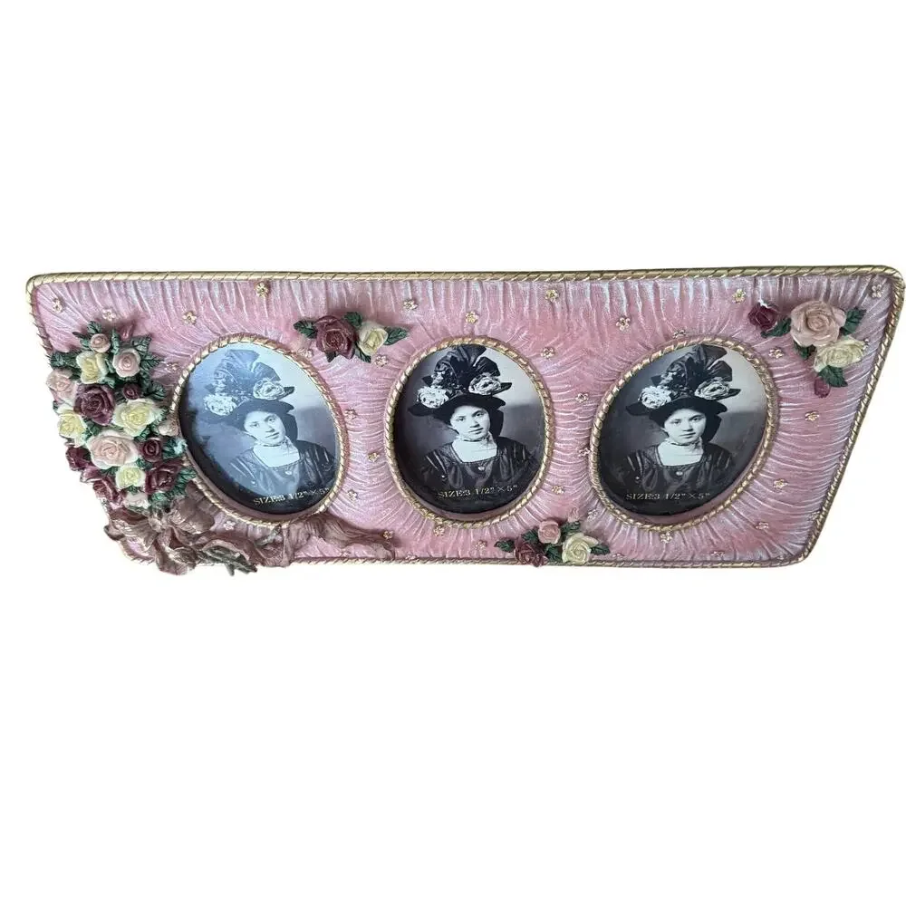 Vintage 1980s Pink 3D Roses Floral Victorian 3 Slot Photo Frame 7x14 Easel Back